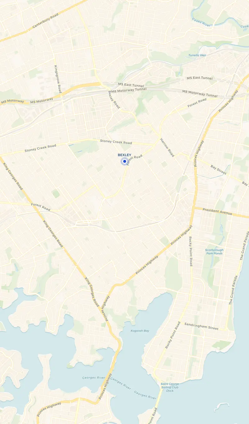 Map of the Bexley service area and the surrounding suburbs we cover.