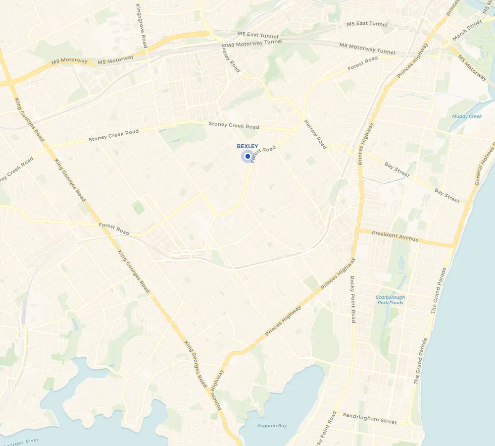 Map of the Bexley service area and the surrounding St George, showing Bexley and the nearby streets we cover.