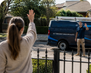 Customer waving goodbye to a Bexley Blocked Drains plumber